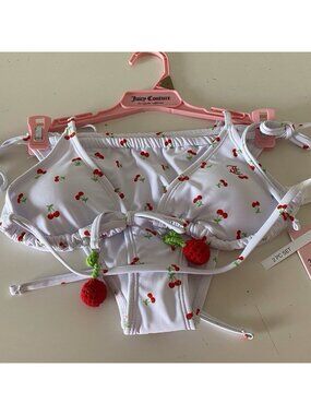 Juicy Couture Cherry Triangle Bikini W/ Crochet Cherries Size S White Red NEW